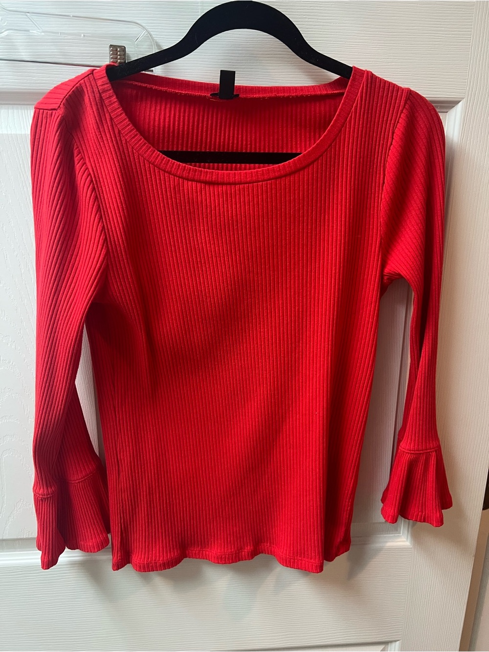 J. Crew Red Ribbed Long-Sleeve Top with Ruffle Cuffs